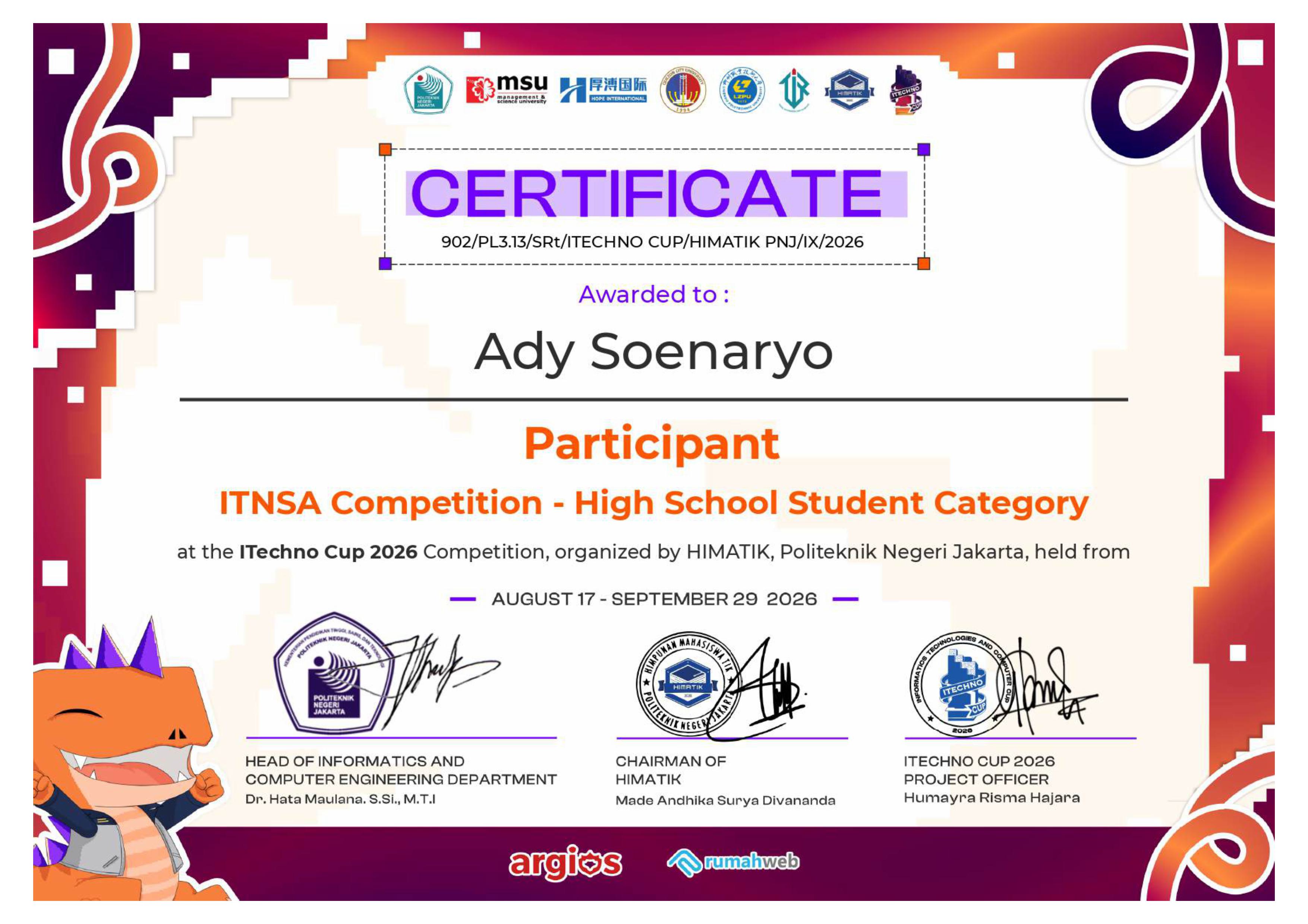 Certificate ITNSA - ITechnoCup by Politektnik Negeri Jakarta, 
